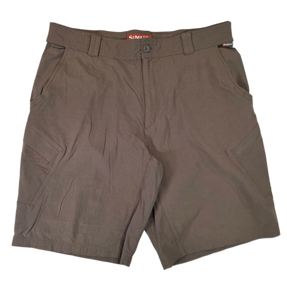 Simms Men's XL Fishing Shorts Brown Nylon Technical Cargo Stretch Waist